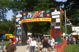 a group of people standing in front of a crowd