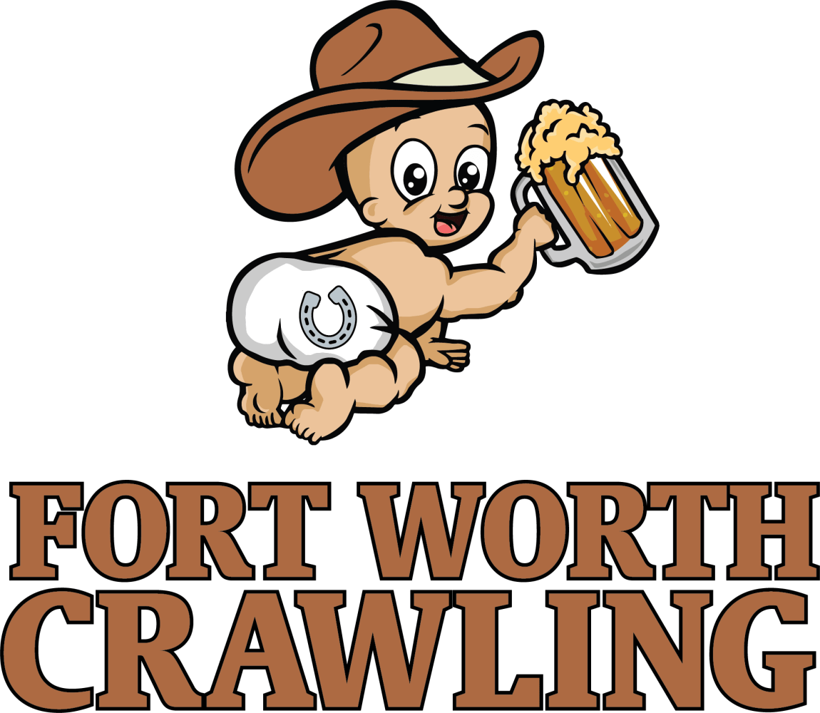 Cartoon baby in cowboy hat holding beer mug, text 'Fort Worth Crawling' below.