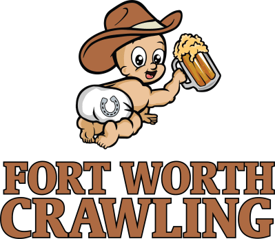 Cartoon baby in cowboy hat holding beer mug, text 'Fort Worth Crawling' below.