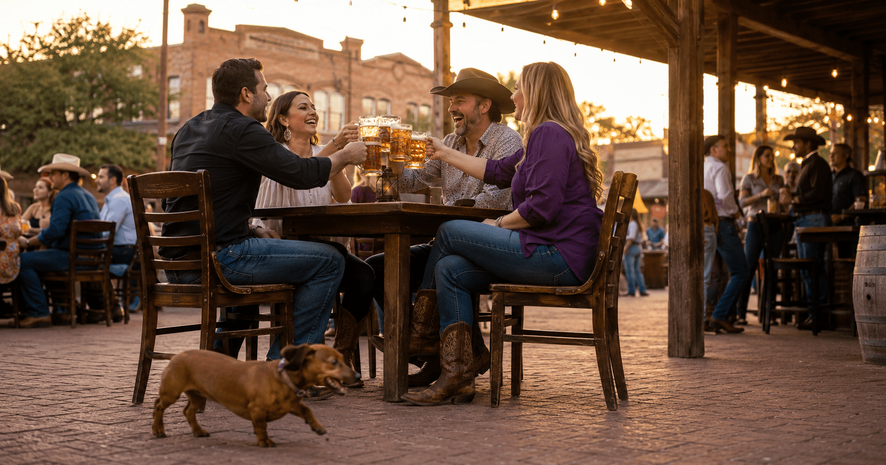 Friends raising beer steins on a Fort Worth Stockyards patio as a dachshund trots past.