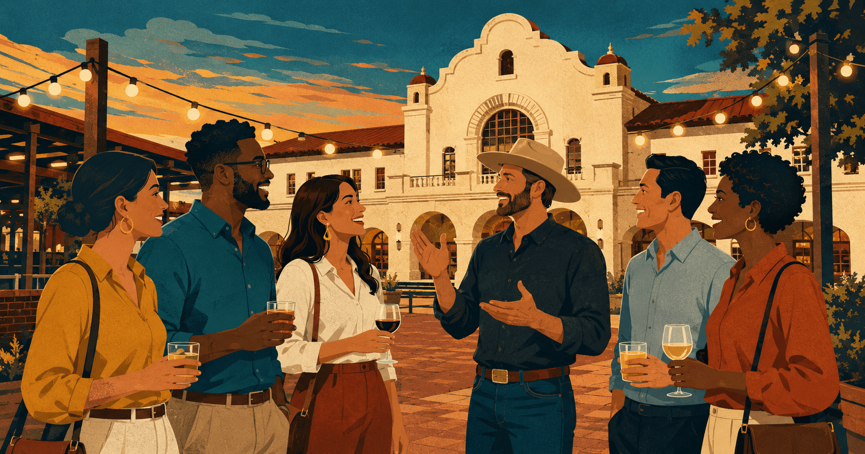 Illustrated corporate group enjoying a private guided outing with drinks in a historic Fort Worth Stockyards courtyard