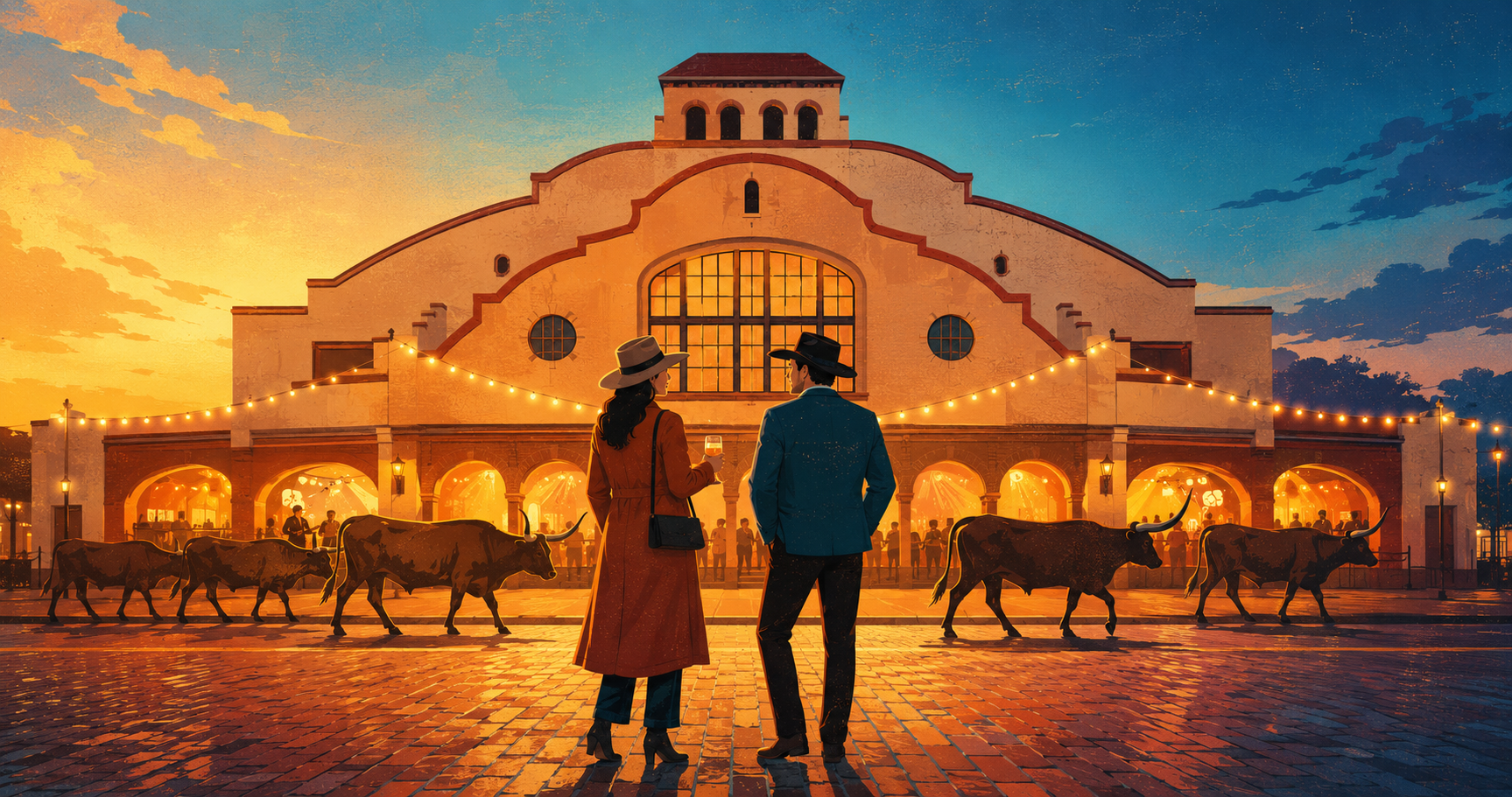 Illustrated October evening in the Fort Worth Stockyards with Cowtown Coliseum, adult travelers, longhorn silhouettes and warm fall colors