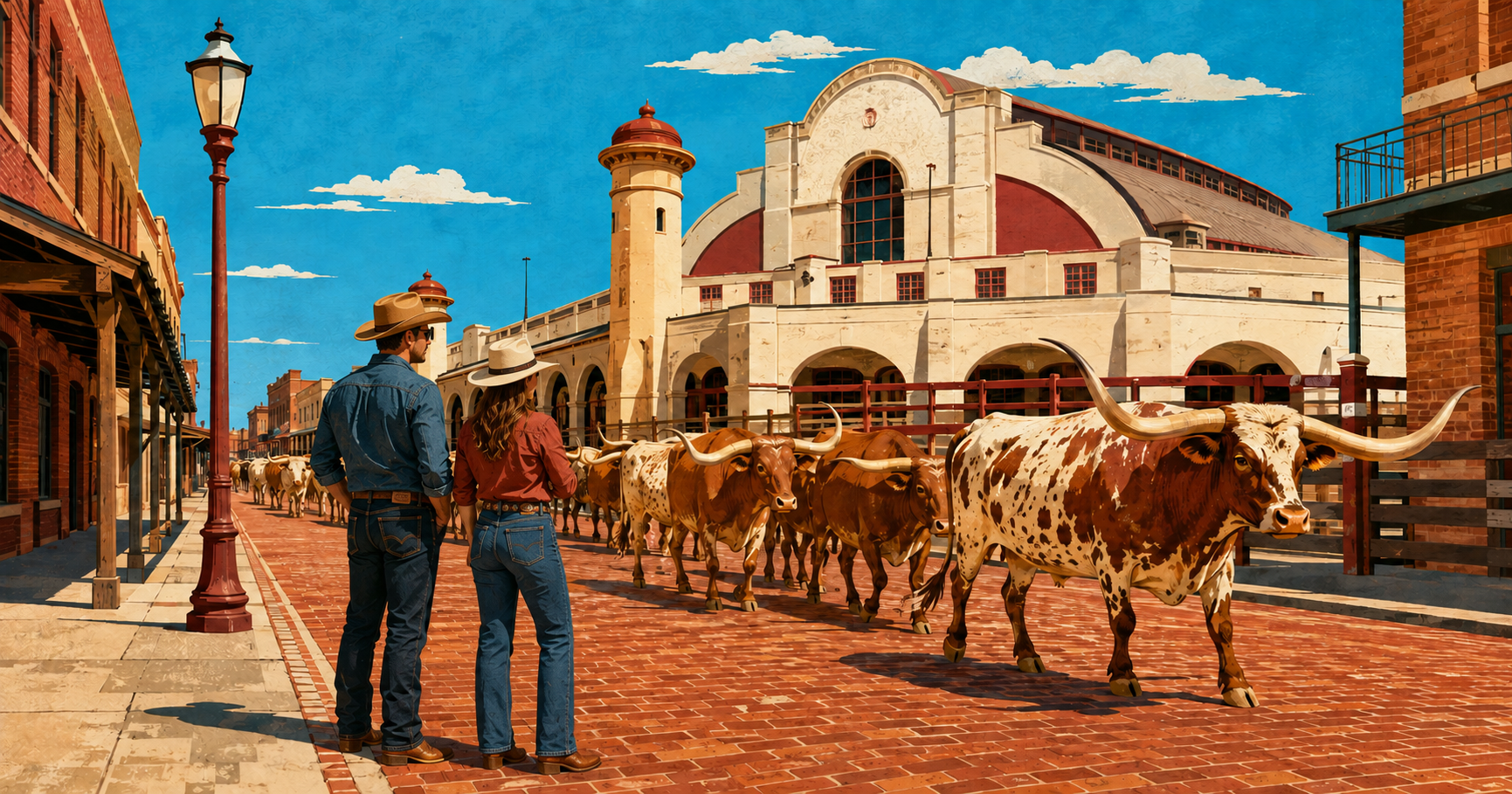 Illustrated cowboy-chic couple in jeans, boots and cowboy hats watching the Fort Worth Herd cattle drive outside Cowtown Coliseum