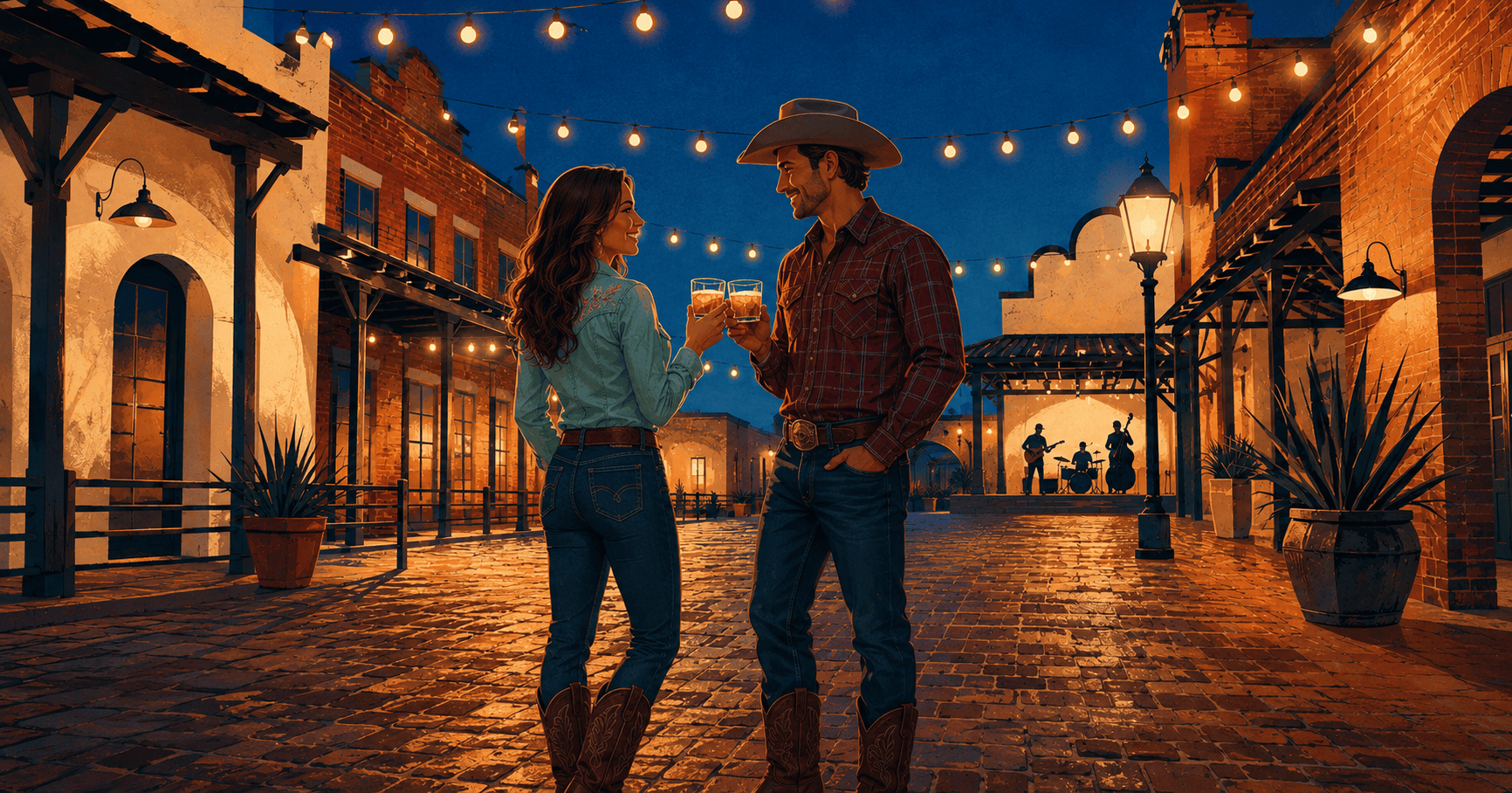 Illustrated cowboy-chic couple in pearl-snap shirts, jeans and boots clinking drinks under Stockyards string lights