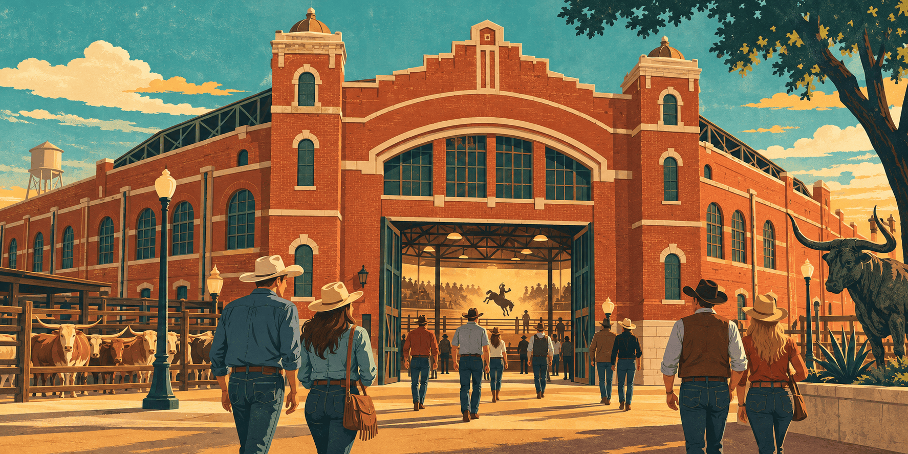 Visitors walk toward the red-brick Cowtown Coliseum, where silhouettes of a rodeo and Longhorns appear in the background.
