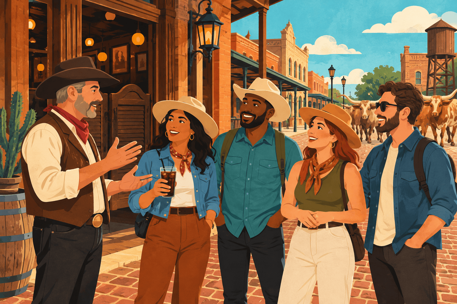 An adult local guide talks with visitors on a brick Stockyards street; one guest holds a glass.